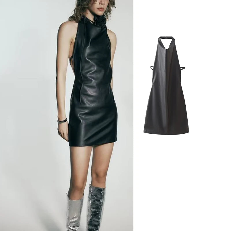 Woman Sexy Backless Leather Mini Dress