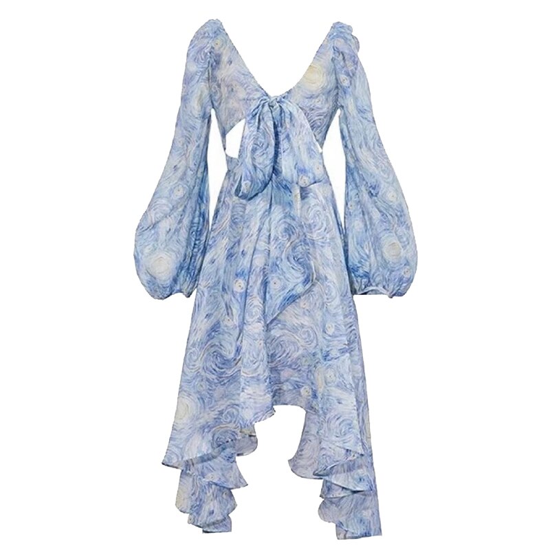Women Light Blue Van Gogh's Starry Sky Collar Chiffon Dresses