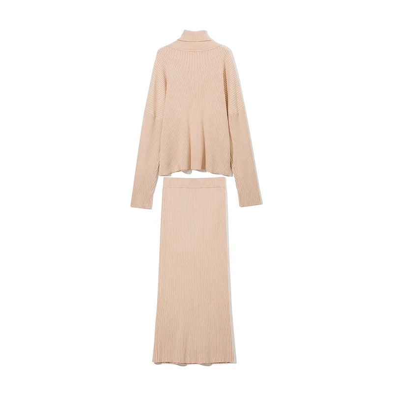 Women Knitted Turtleneck Sweater + Skirt 2 Pieces Set