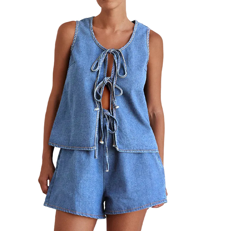 Women Casual Denim Sleeveless Lace Up Vest + Shorts Set