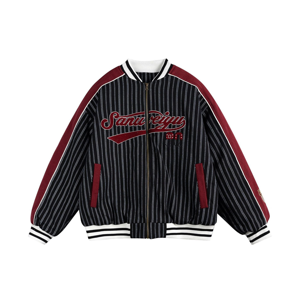 Unisex Letter Embroidered Striped Cotton Varsity Jacket