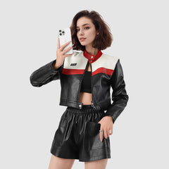 Women Biker Leather PU Splicing Short Jacket