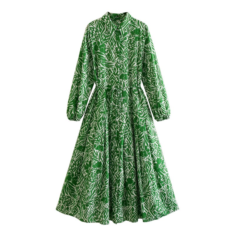 Woman Vintage Lapel Long Sleeve Lace Up Front Dress
