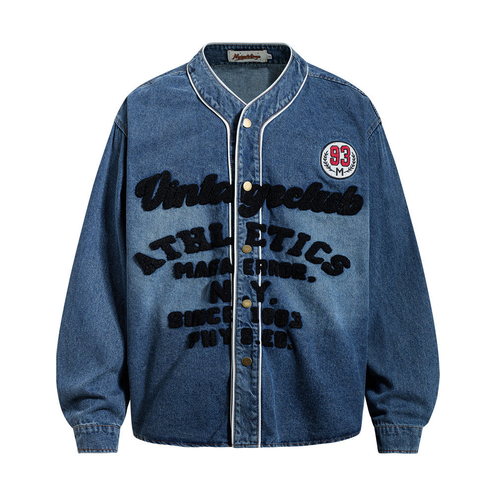 Men Vintage Baseball Denim Shirt