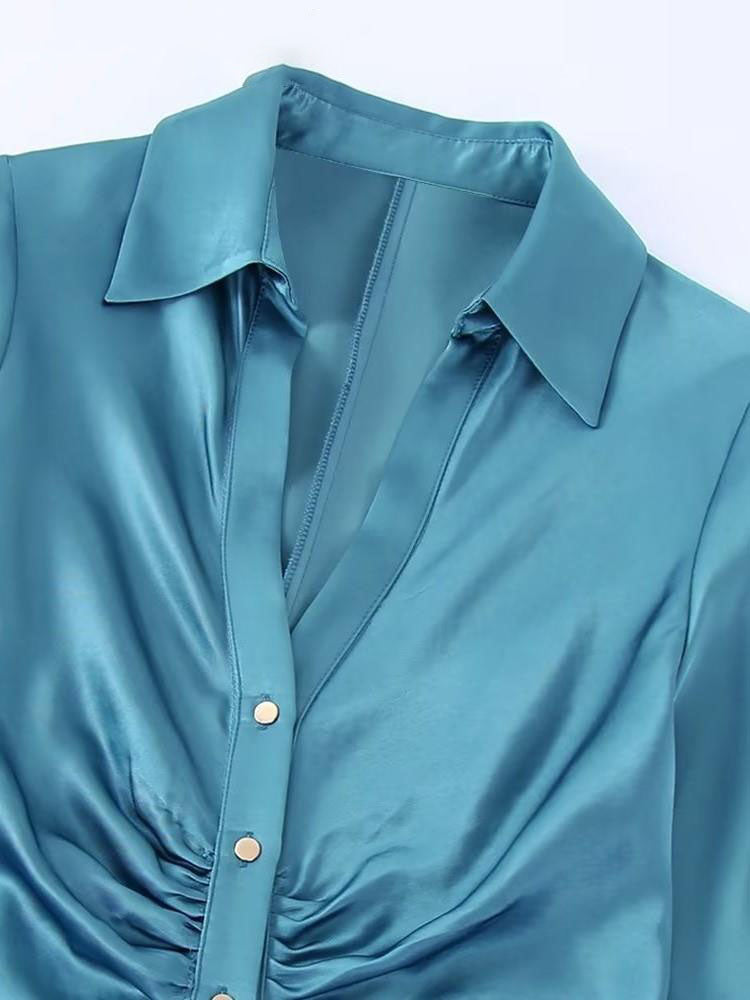 Women Casual Long Sleeve Button-Up Satin Dress