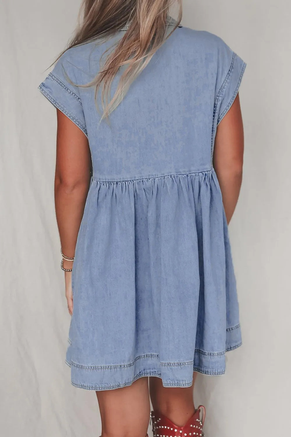 Women Cap Sleeve Denim Babydoll Dress