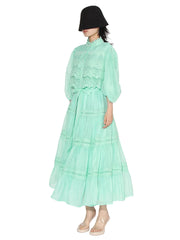 Women Embroidery Single Breasted Spliced Lace Up Dress
