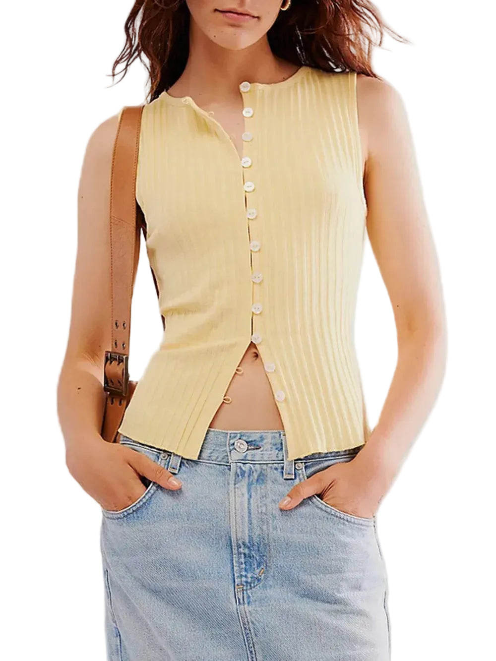 Women Button Down Round Neck Sweater Vest