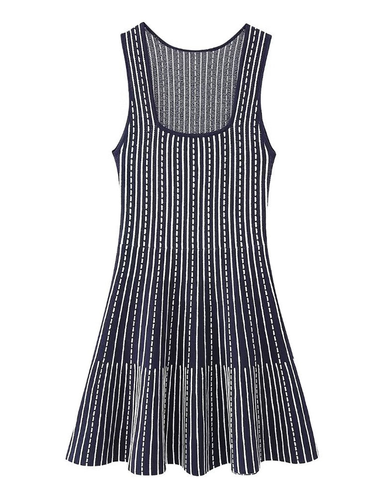 Woman Stripe Sleeveless Square Neck Dresses