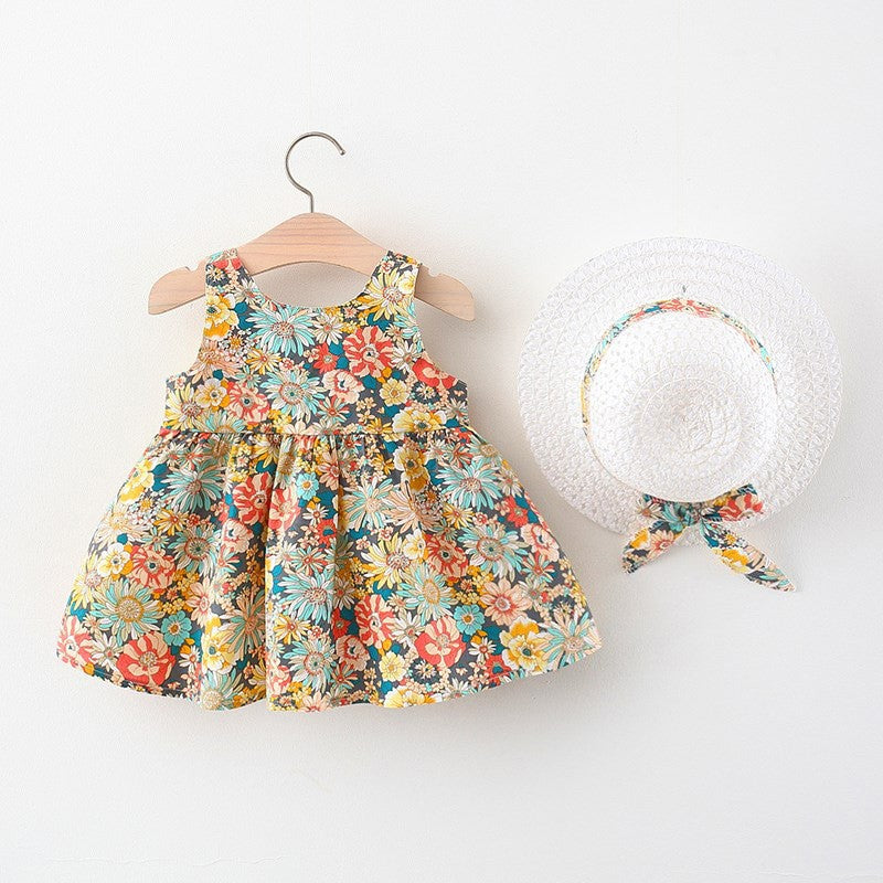 Kids Girls Pastoral Princess Dress + Beach Hats Set