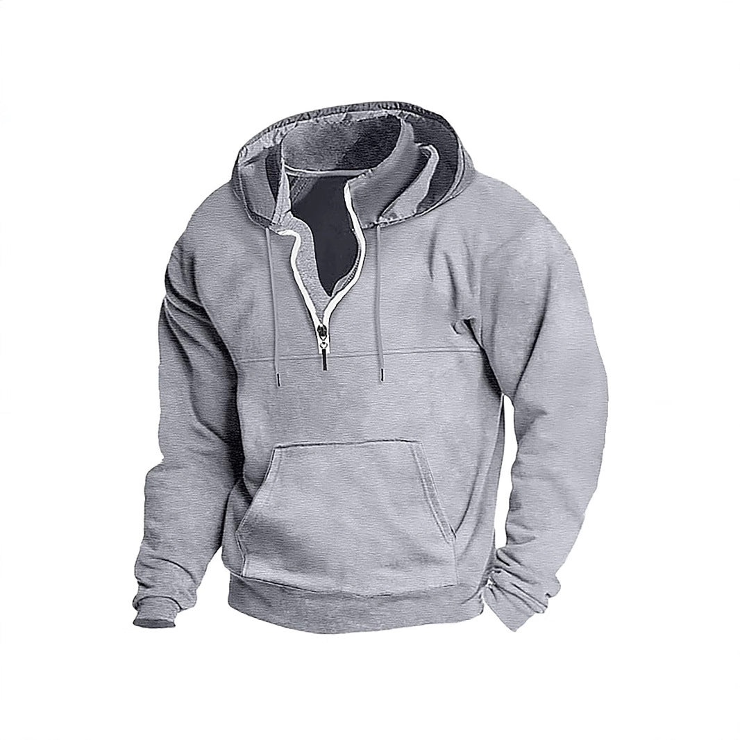 Simple Half-Zip Hoodie Casual Sport Solid Color Hooded Sweatshirt
