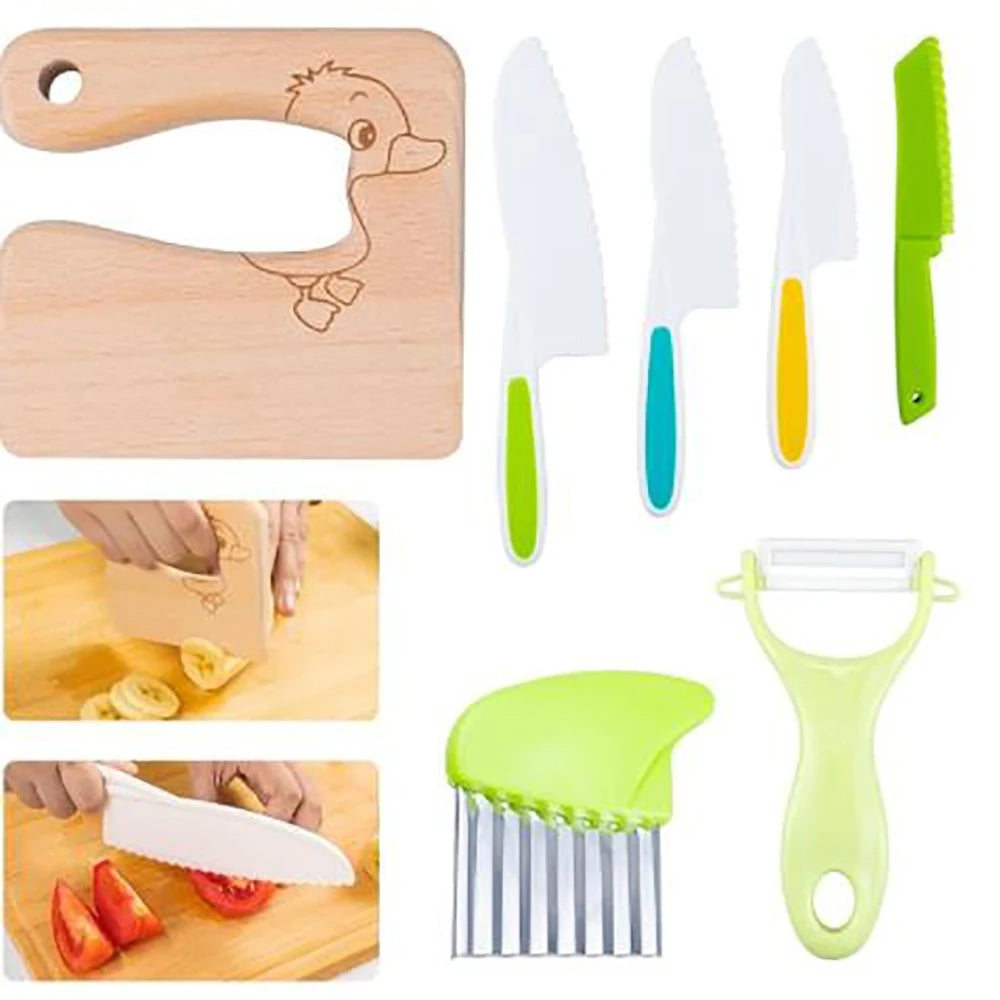 Kids Knives Fruit Vegetable Kitchen Tools Cutting + Board