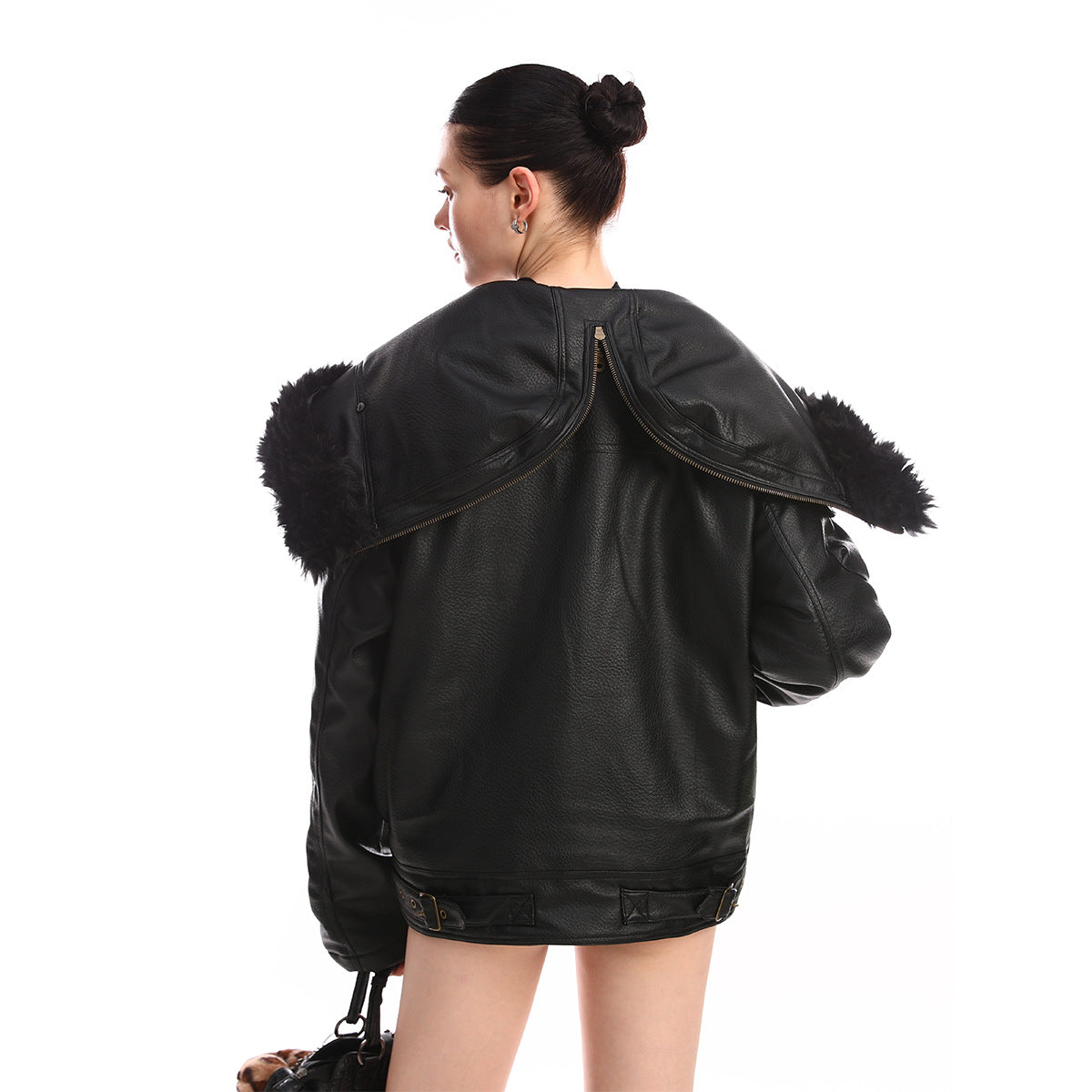 Women Leather PU Zipper Hooded Fashion Jacket