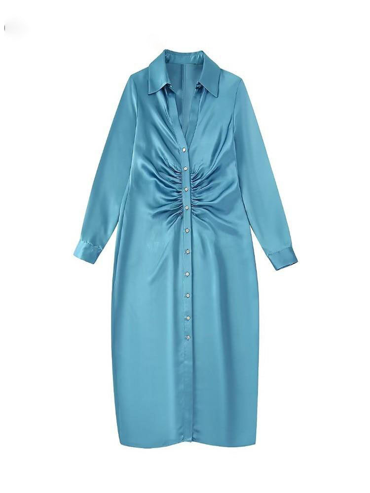 Women Casual Long Sleeve Button-Up Satin Dress