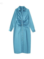 Women Casual Long Sleeve Button-Up Satin Dress