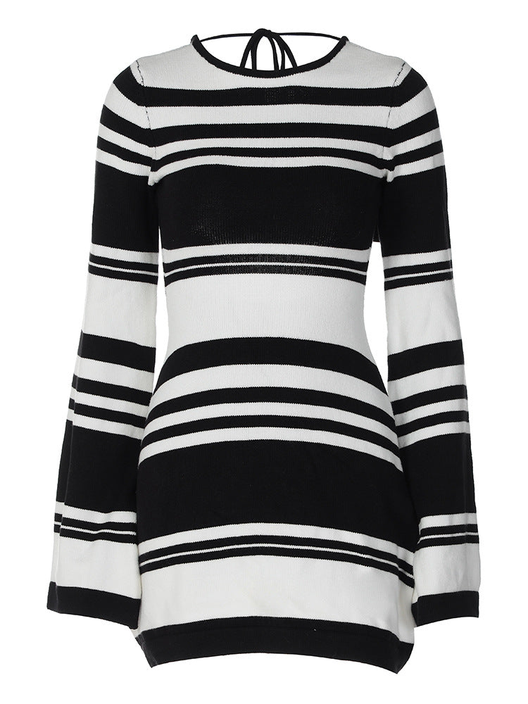 Women Knitted Striped Flare Sleeve Mini Dress