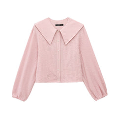 Women Casual Collared Checkered Short Shirt Top