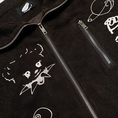 Women Graffiti Embroidery Flip Collar Melange Jacket