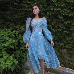 Women Light Blue Van Gogh's Starry Sky Collar Chiffon Dresses