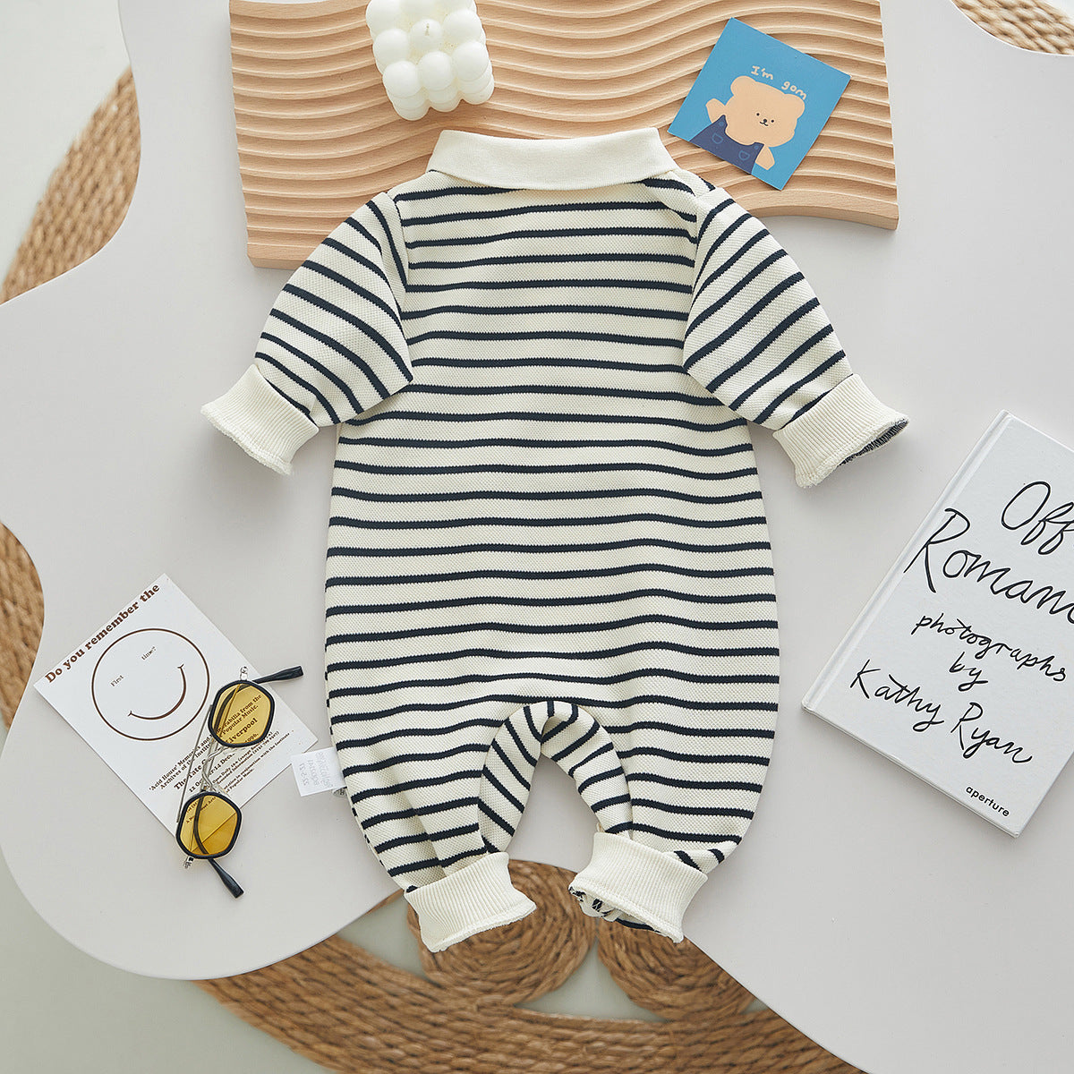 Newborn Boy Baby Striped Bear Lapel Baby Onesie