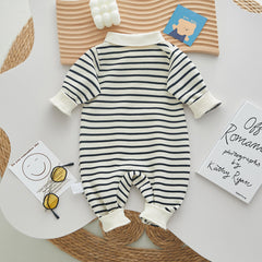 Newborn Boy Baby Striped Bear Lapel Baby Onesie