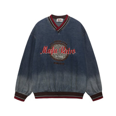 Men Washed Denim V-neck Sweatshirts