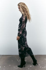 Women Elegant Tulle Long Sleeve Turtleneck Dress