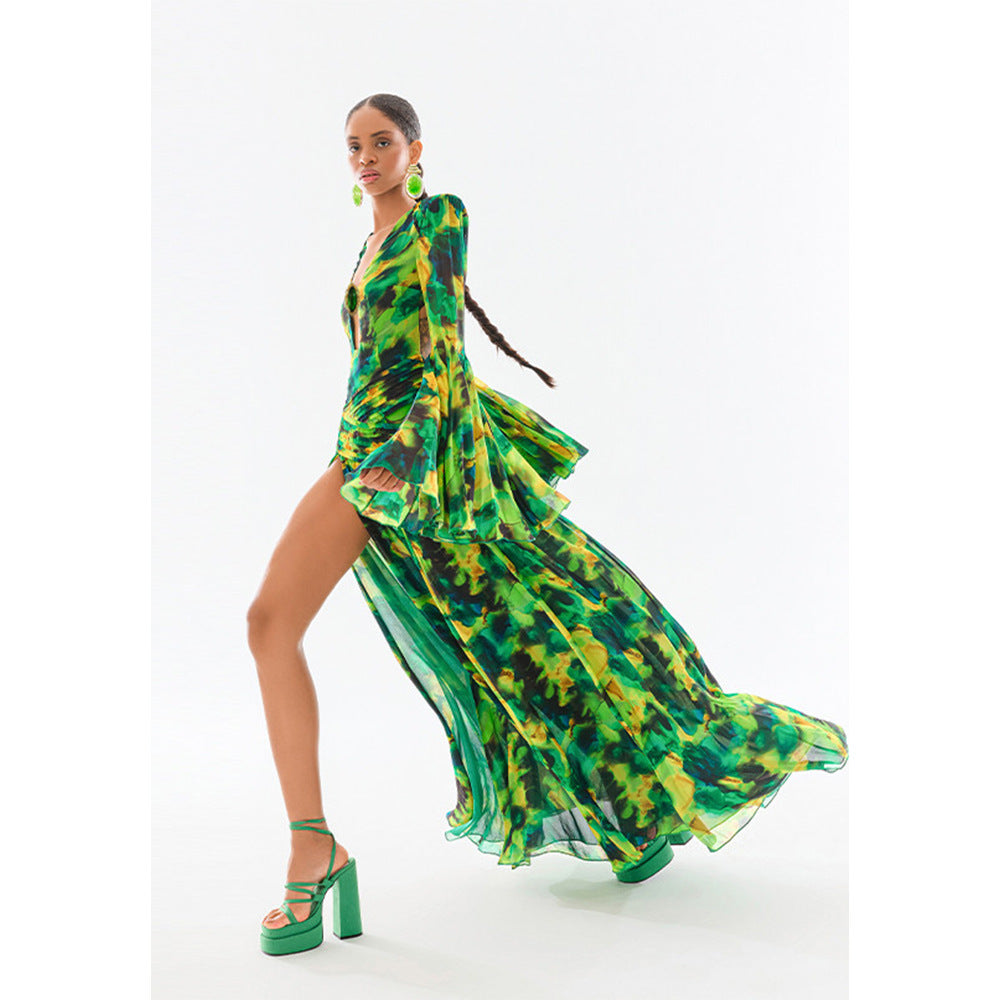 Women Summer Print Flare Sleeve Dress