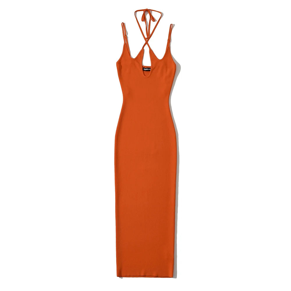 Women Sleeveless Knitted Cross Halter Midi Dress