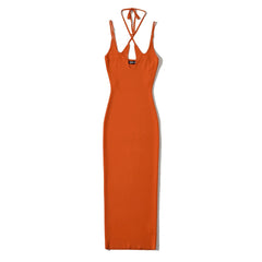 Women Sleeveless Knitted Cross Halter Midi Dress