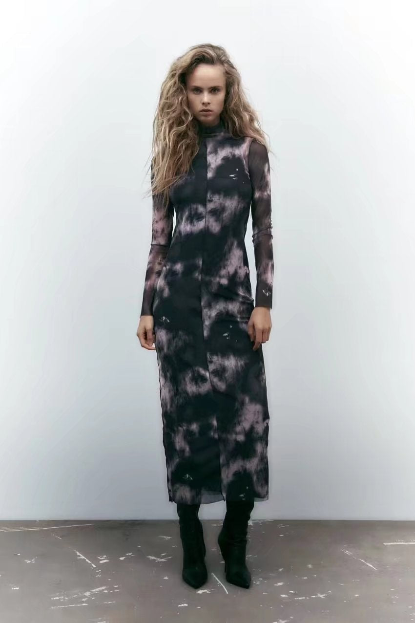Women Elegant Tulle Long Sleeve Turtleneck Dress