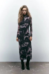 Women Elegant Tulle Long Sleeve Turtleneck Dress