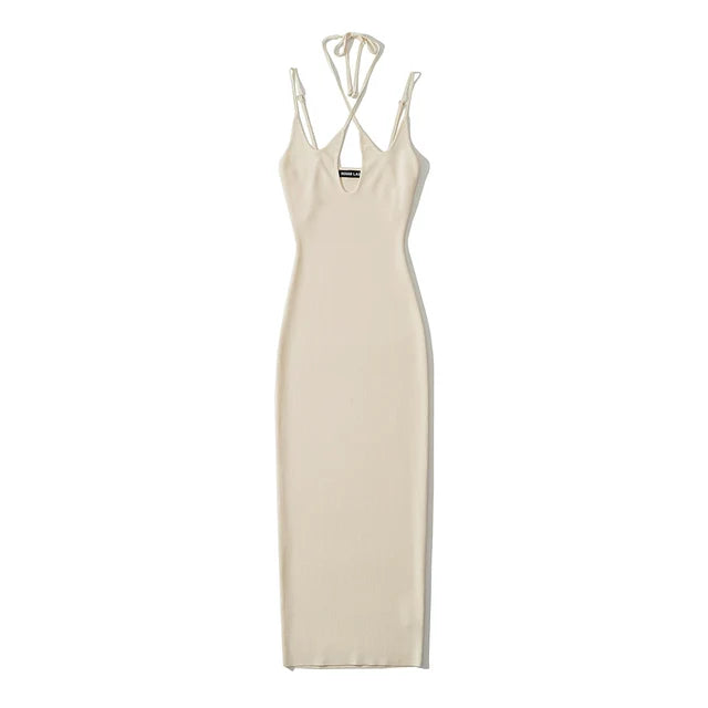 Women Sleeveless Knitted Cross Halter Midi Dress