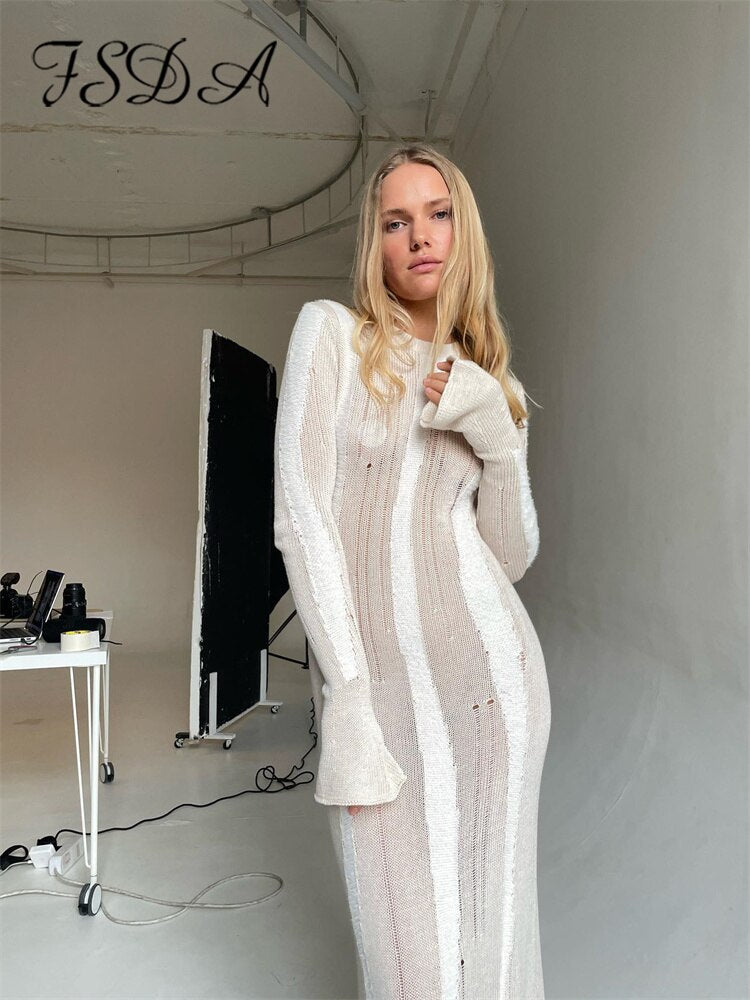 Women Knitted  O Neck Long Sleeve Sweater Dress