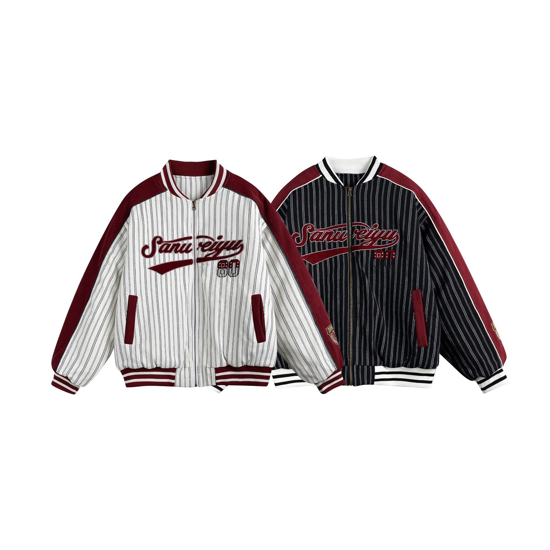 Unisex Letter Embroidered Striped Cotton Varsity Jacket