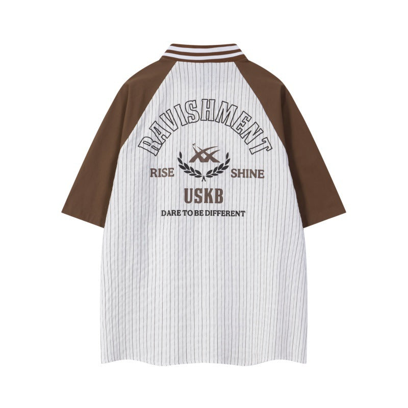 Men Sports Badge Baseball Collared Striped Shirt