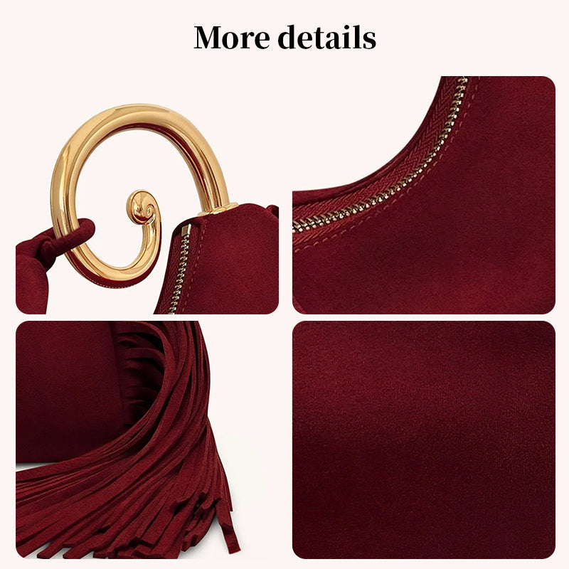 Vintage Winter Women's Bag - Fashionable Synthetic Suede Purse with Leather Tassels, Elegant Outdoor Travel Bag