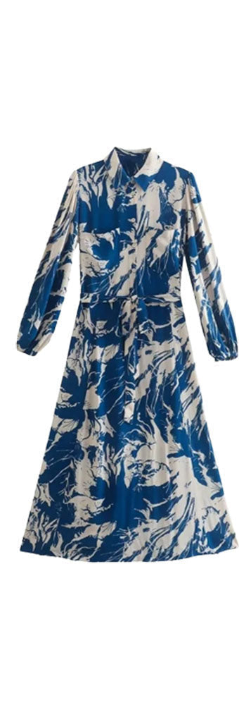 Woman Vintage Summer Printed Shirt Dress With Belt