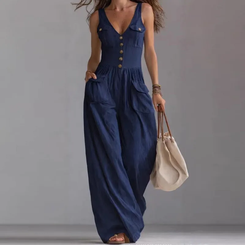 Pocket V-neck button vest jumpsuit for women