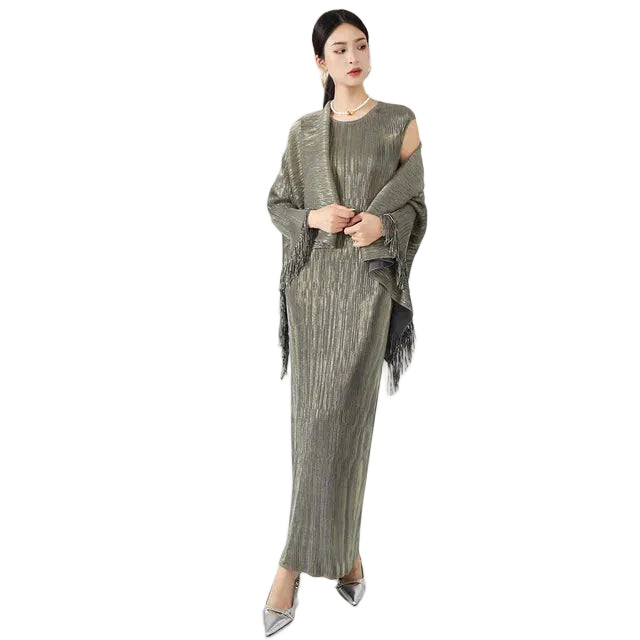 Women Elegant Tassel Shawl Sleeveless Long Dress 2 Piece Set
