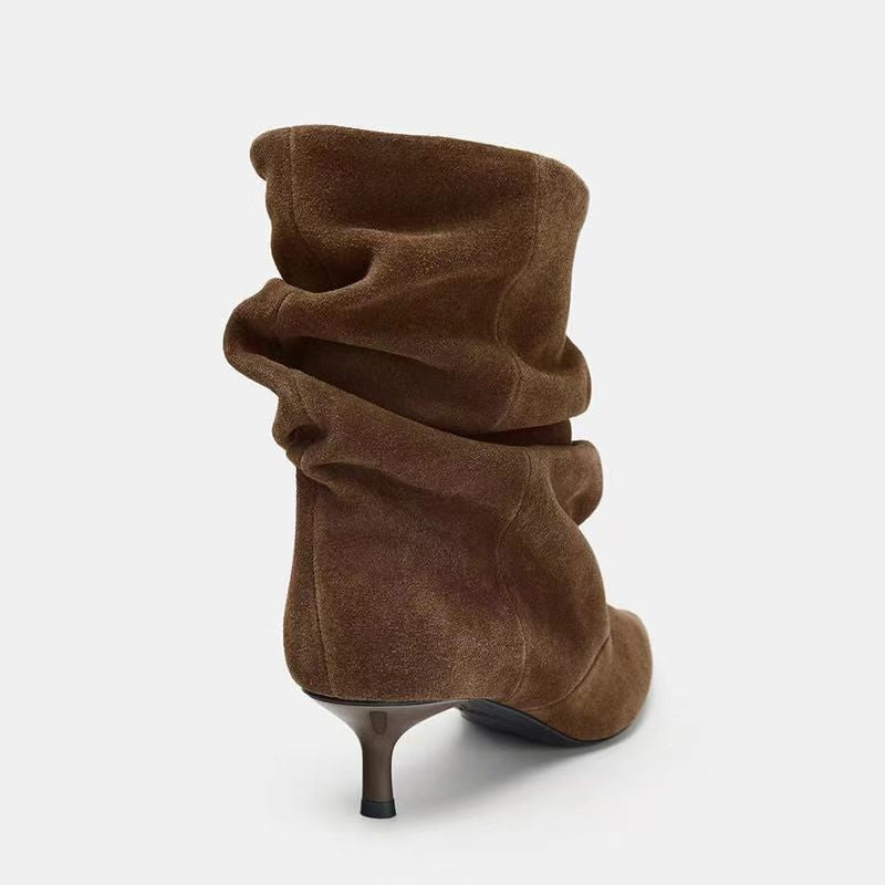 Pleated Mid-Calf Boots for Women Pointed Toe Medium Heel Velvet Boots