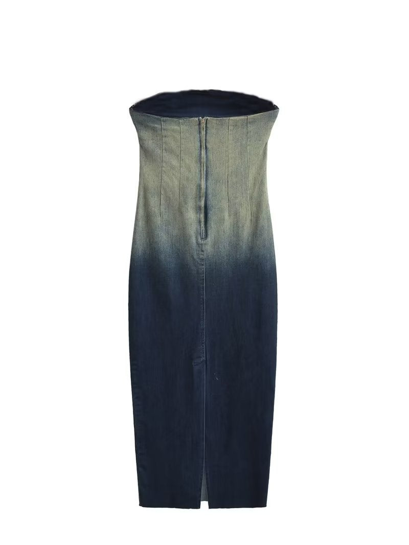 Women Vintage Denim Gradient Off Shoulder Dress