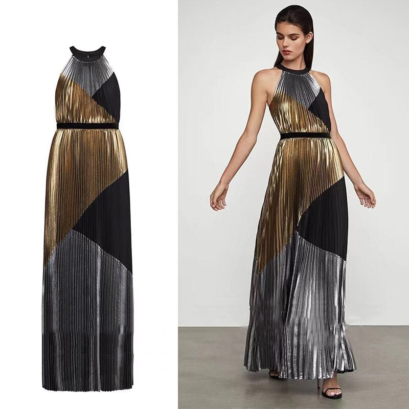 Women Halter Pleated Long Dress