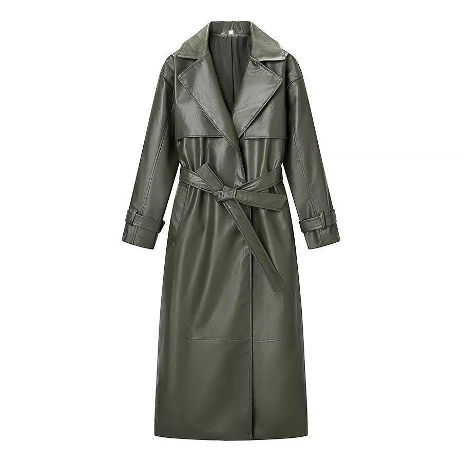 Women Commuting Style Long Leather Jacket