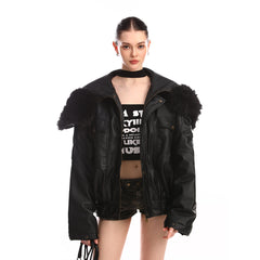 Women Leather PU Zipper Hooded Fashion Jacket