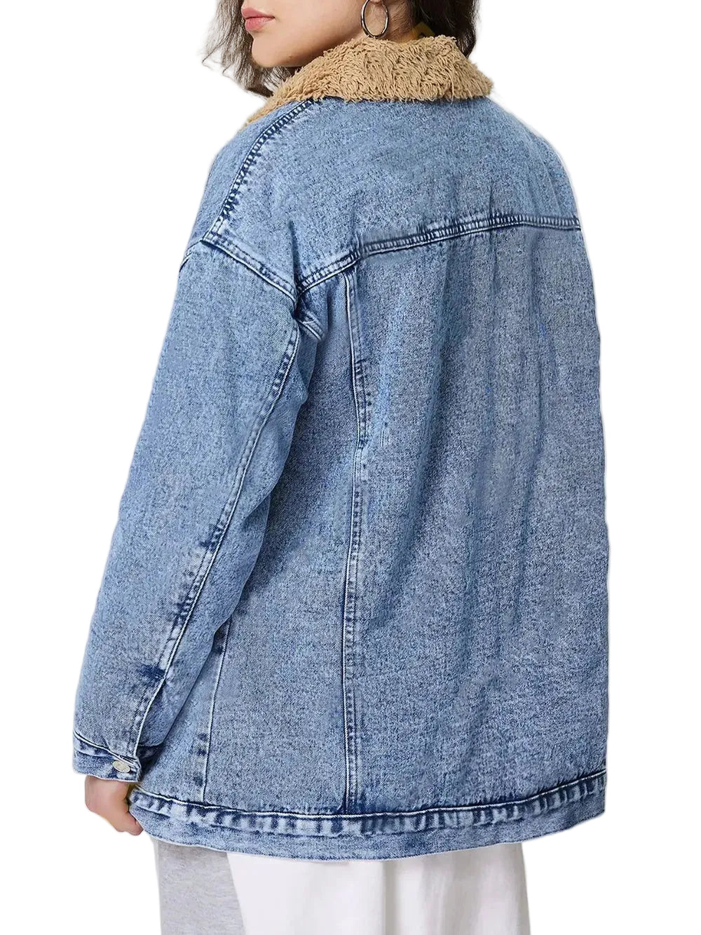 Women Button Up Collared Neck Plush Denim Jacket