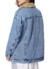 Women Button Up Collared Neck Plush Denim Jacket