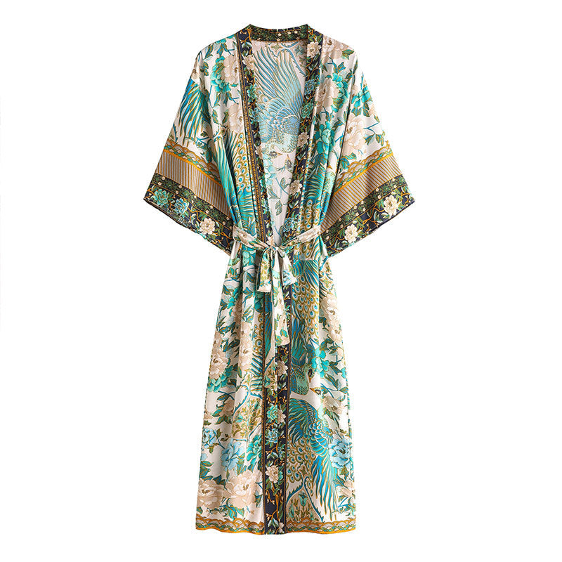 Women Cotton Peacock Print Cardigan Robe Dresses