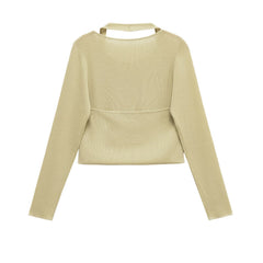 Women Round Necked Fold Over Sleeved Knitted Sweater