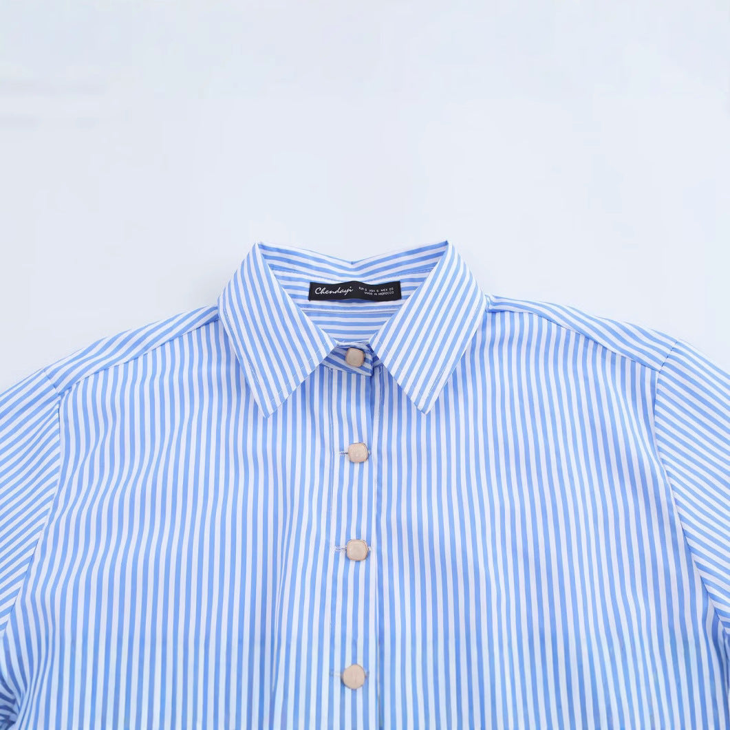 Women Casual Button Embellished Striped Poplin Shirt